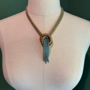 Deco Style Vintage Costume Necklace -- gold color chain with turquoise detail